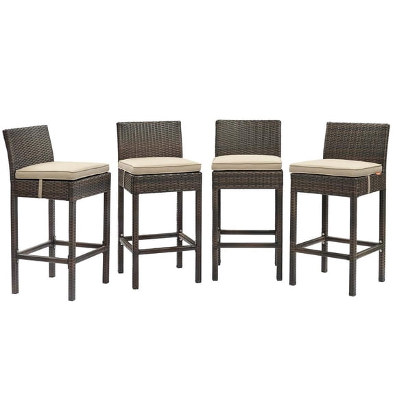 Modway Conduit Bar Stool Outdoor Patio Wicker Rattan Set of 4 in Brown Beige