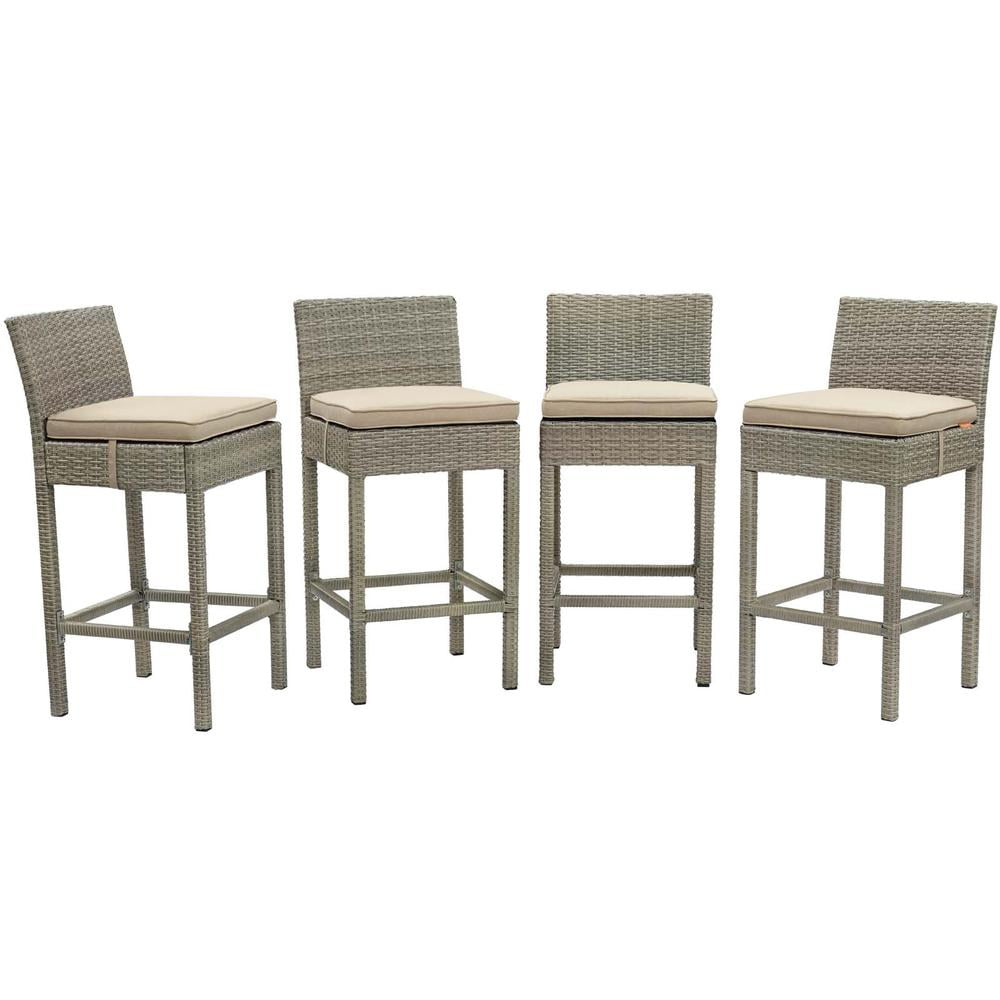 Light Gray and Beige Wicker Rattan Outdoor Bar Stool Set with Cushions