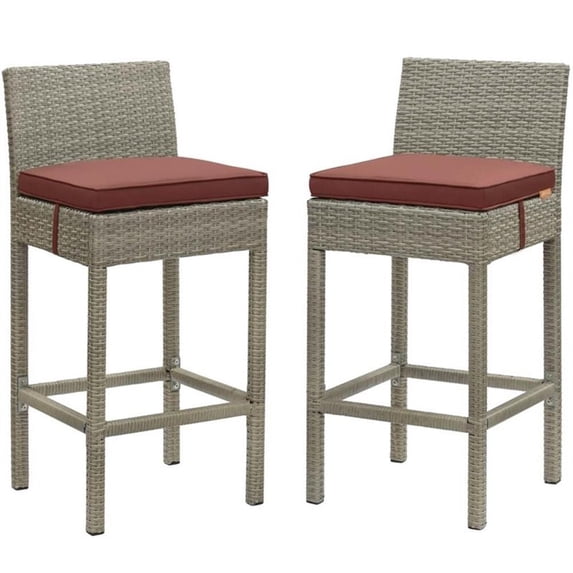 Modway Conduit Outdoor Wicker Rattan Bar Stool in Light Gray/Currant (Set of 2)