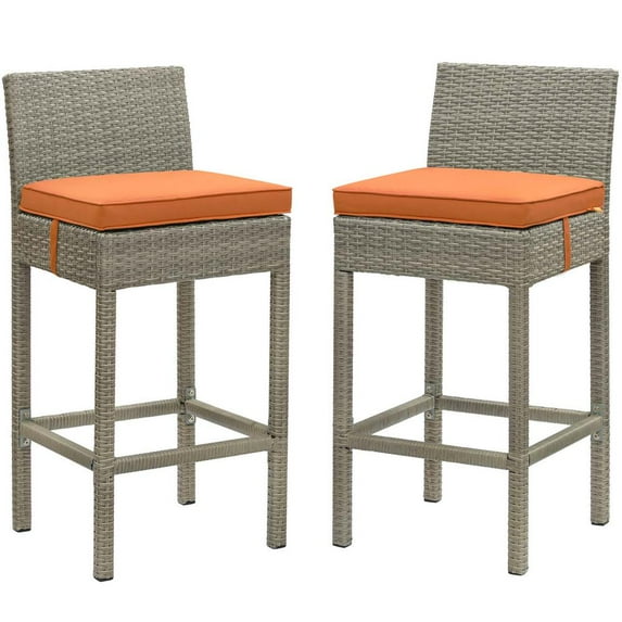 Modway Conduit Bar Stool Outdoor Patio Wicker Rattan Set of 2 in Light Gray Orange