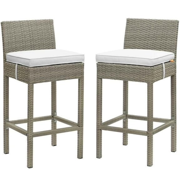 Modway Conduit Outdoor Wicker Rattan Bar Stools - Set of 2, Light Gray/White