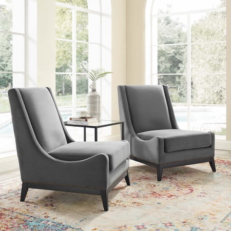 Modway Confident Lounge Chair Upholstered Performance Velvet Set of 2 in Gray