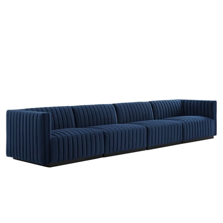 Modway Conjure 4-Piece Channel Tufted Performance Velvet Sofa in Black/Blue