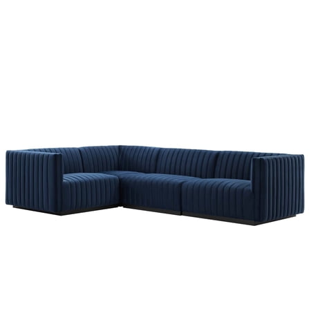 Modway Conjure 4-Piece Performance Velvet Sectional in Black/Midnight Blue