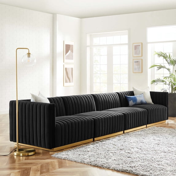 Modway Conjure 4-Piece Velvet and Stainless Steel Sofa in Gold/Black