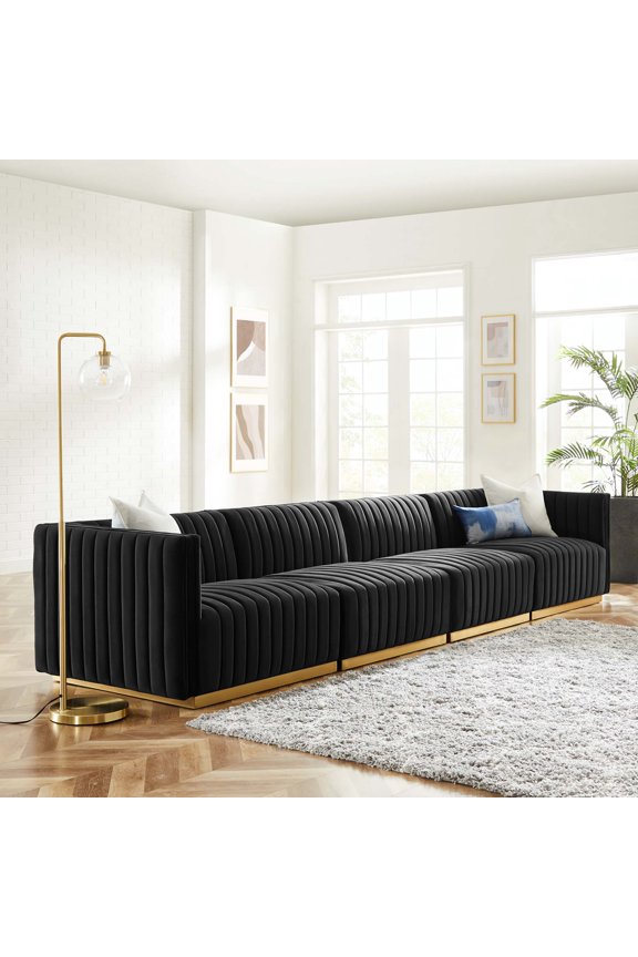 Conjure 4-Piece Channel Tufted Performance Velvet Sofa in Gold Blac