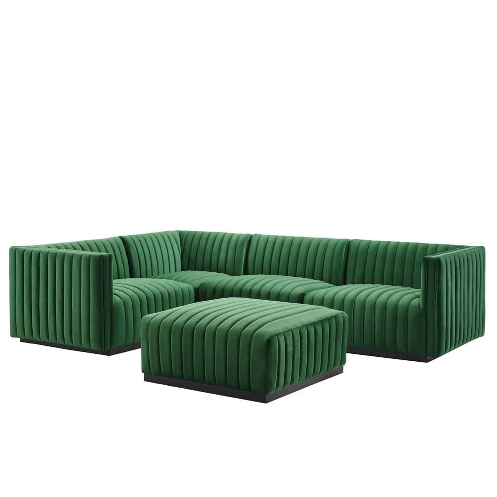 Elegant Black Emerald Velvet 5-Piece Sectional with Ottoman