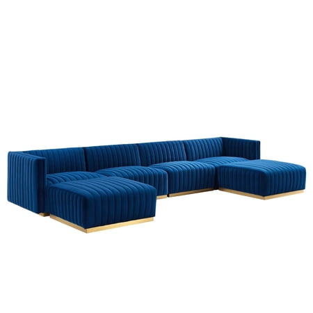 Modway Conjure 6-Piece Velvet and Stainless Steel Sectional in Gold/Navy