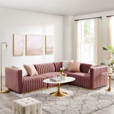 Modway Conjure Channel Tufted Performance Velvet 4-Piece Sectional in Gold Dusty Rose