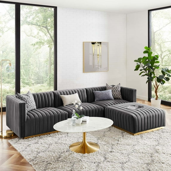 Modway Conjure Channel Tufted Performance Velvet 4-Piece Sectional in Gold Gray