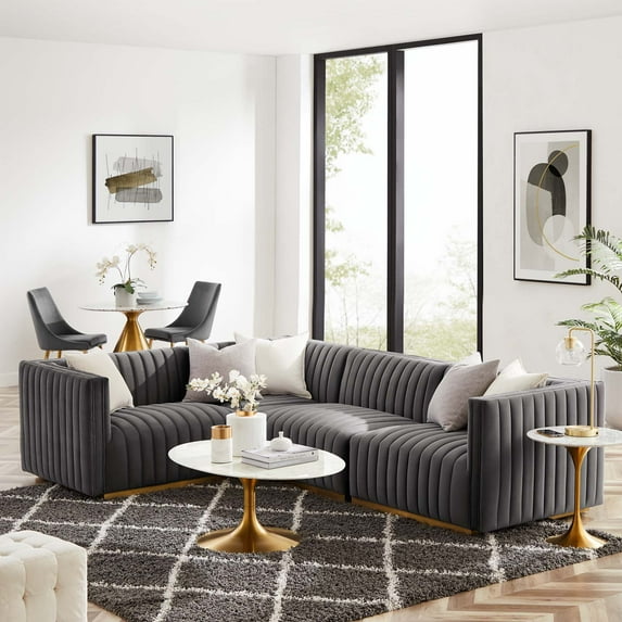 Modway Conjure Channel Tufted Performance Velvet 4-Piece Sectional in Gold Gray