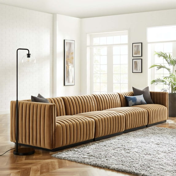 Modway Conjure Channel Tufted Performance Velvet 4-Piece Sofa in Black Cognac