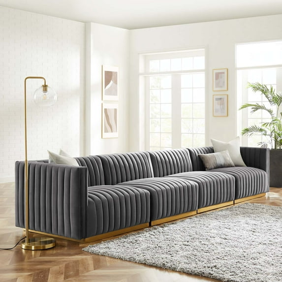 Modway Conjure Channel Tufted Performance Velvet 4-Piece Sofa in Gold Gray