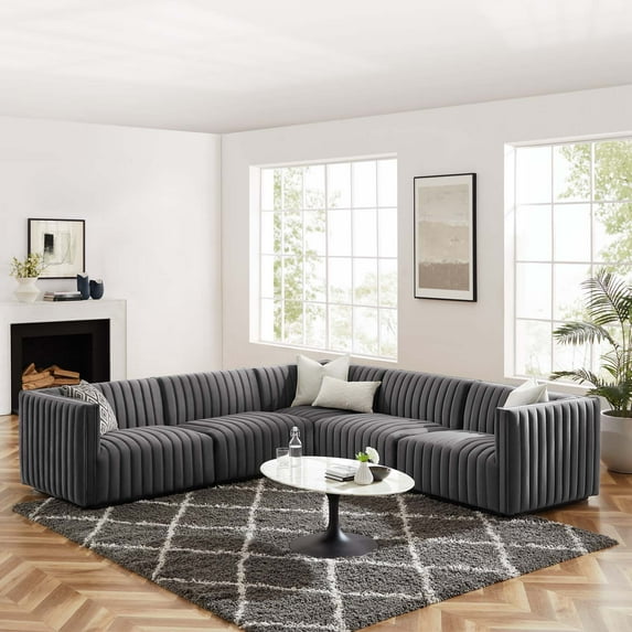 Modway Conjure Channel Tufted Performance Velvet 5-Piece Sectional in Black Gray