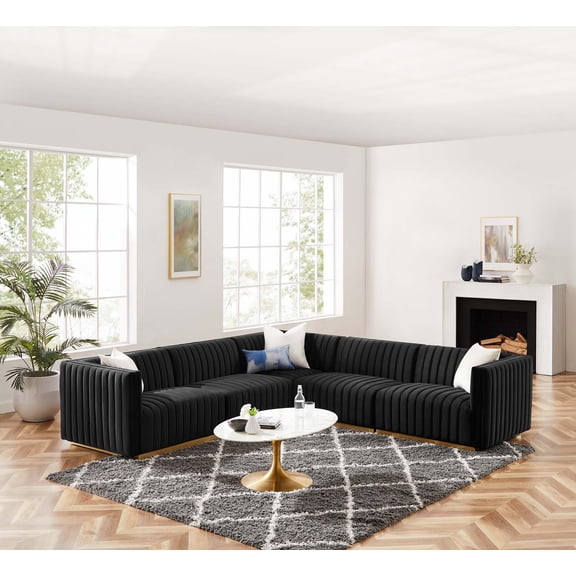 Modway Conjure Channel Tufted Performance Velvet 5-Piece Sectional in Gold Black