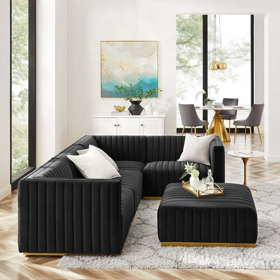 Modway Conjure Channel Tufted Performance Velvet 5-Piece Sectional in Gold Black