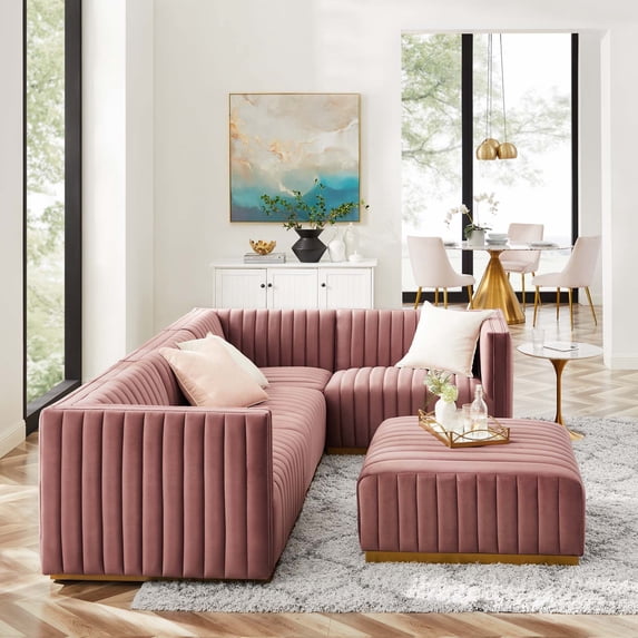 Modway Conjure Channel Tufted Performance Velvet 5-Piece Sectional in Gold Dusty Rose
