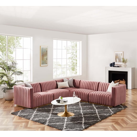 Modway Conjure Channel Tufted Performance Velvet 5-Piece Sectional in Gold Dusty Rose