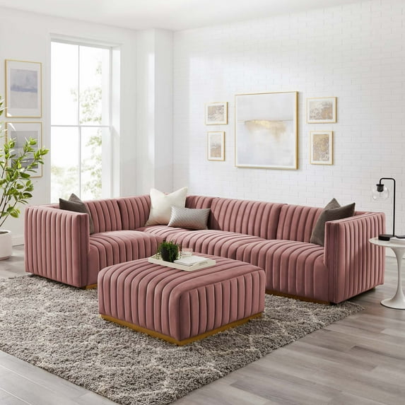 Modway Conjure Channel Tufted Velvet Sectional Sofa with Modular Connectors, Gold Dusty Rose