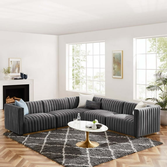 Modway Conjure Channel Tufted Performance Velvet 5-Piece Sectional in Gold Gray