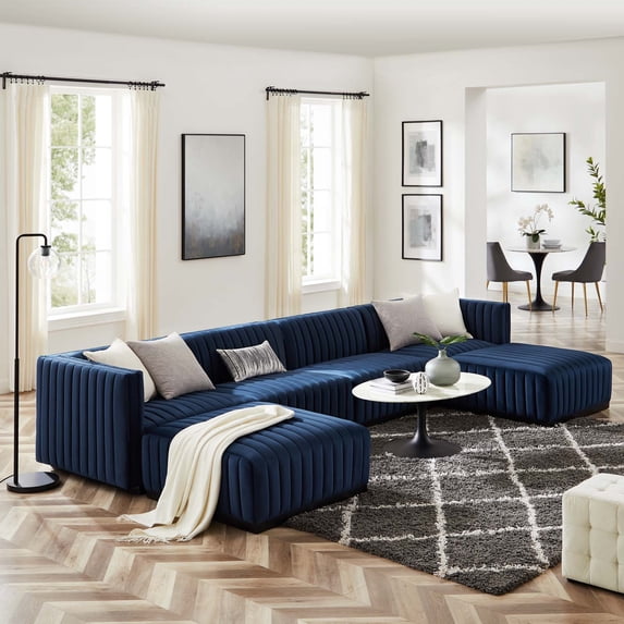 Modway Conjure Channel Tufted Performance Velvet 6-Piece Sectional in Black Midnight Blue