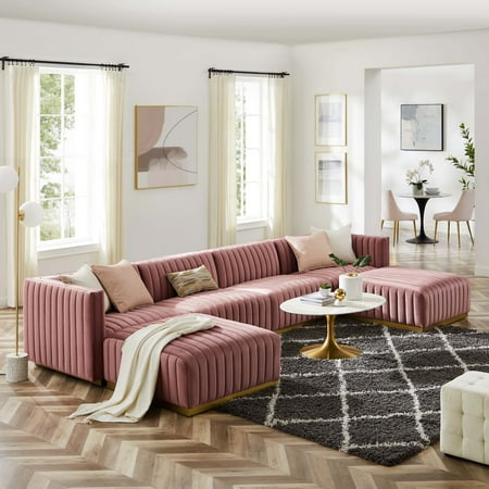Modway Conjure Channel Tufted Performance Velvet 6-Piece Sectional in Gold Dusty Rose