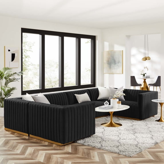 Modway Conjure Channel Tufted Performance Velvet 6-Piece U-Shaped Sectional in Gold Black