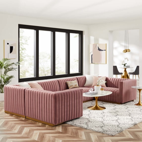 Modway Conjure Channel Tufted Performance Velvet 6-Piece U-Shaped Sectional in Gold Dusty Rose