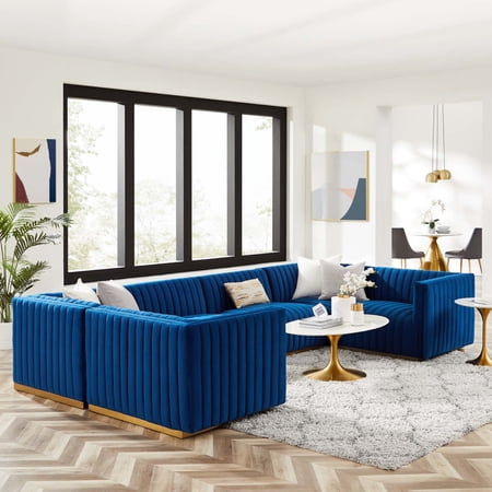 Modway Conjure Channel Tufted Performance Velvet 6-Piece U-Shaped Sectional in Gold Navy