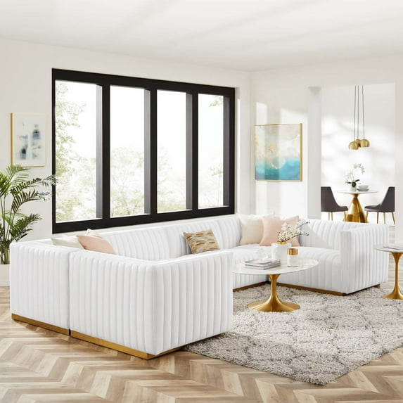 Modway Conjure Channel Tufted Performance Velvet 6-Piece U-Shaped Sectional in Gold White