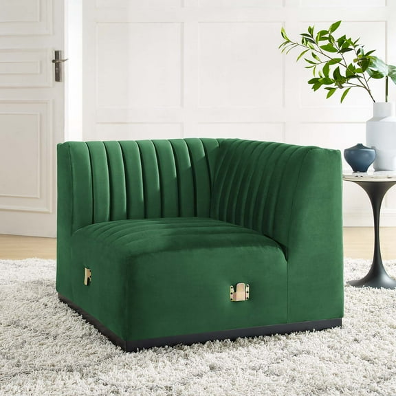 Modway Conjure Channel Tufted Performance Velvet Left Corner Chair in Black Emerald