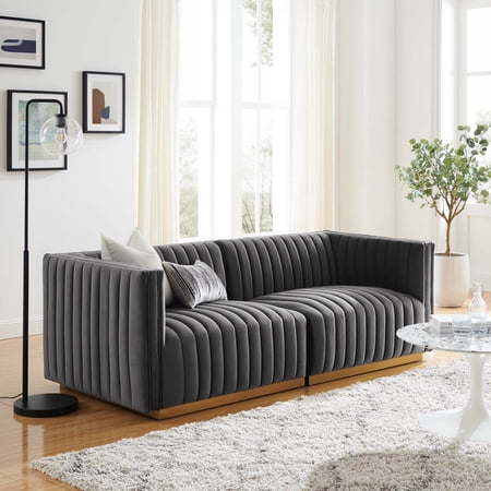 Modway Conjure Channel Tufted Performance Velvet Loveseat in Gold Gray