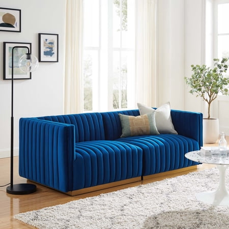 Modway Conjure Channel Tufted Performance Velvet Loveseat in Gold Navy