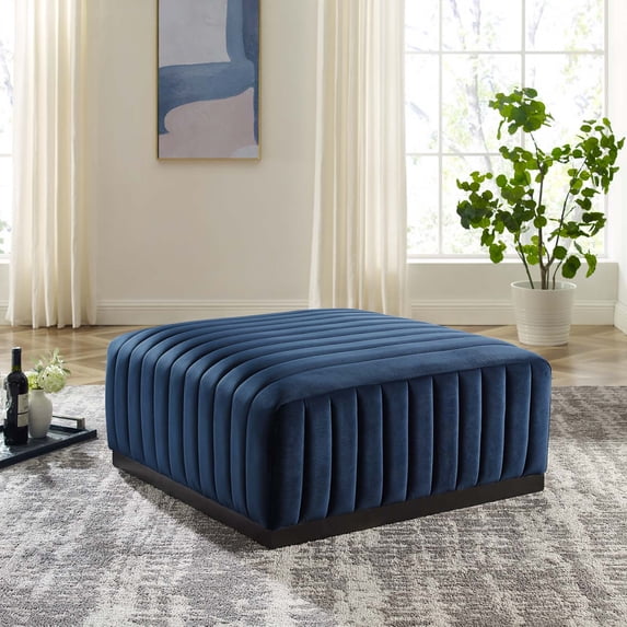 Modway Conjure Channel Tufted Performance Velvet Ottoman in Black Midnight Blue
