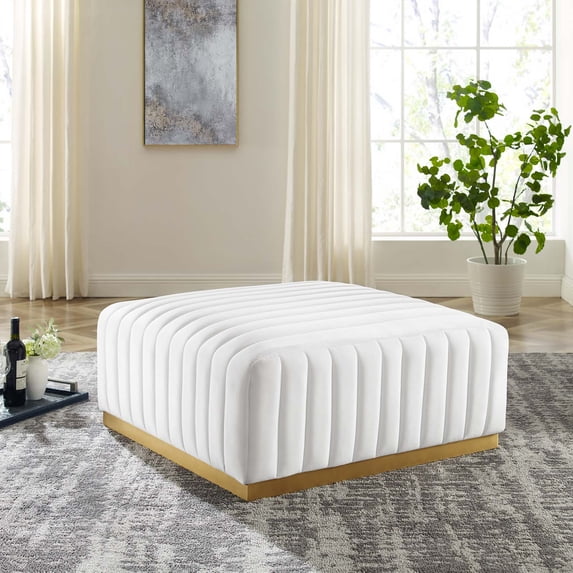 Modway Conjure Channel Tufted Performance Velvet Ottoman in Gold White