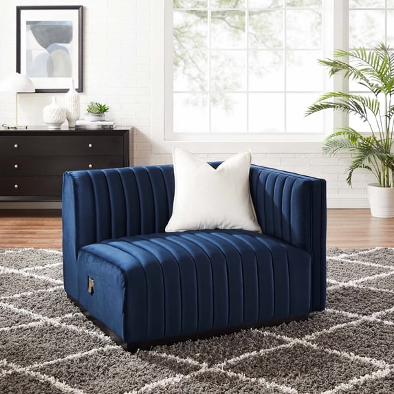 Modway Conjure Channel Tufted Performance Velvet Right-Arm Chair in Black Midnight Blue