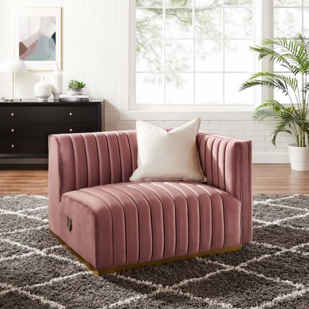 Modway Conjure Channel Tufted Performance Velvet Right-Arm Chair in Gold Dusty Rose