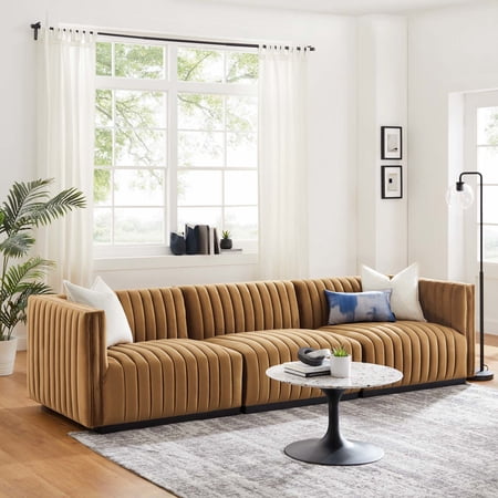 Modway Conjure Channel Tufted Performance Velvet Sofa in Black Cognac