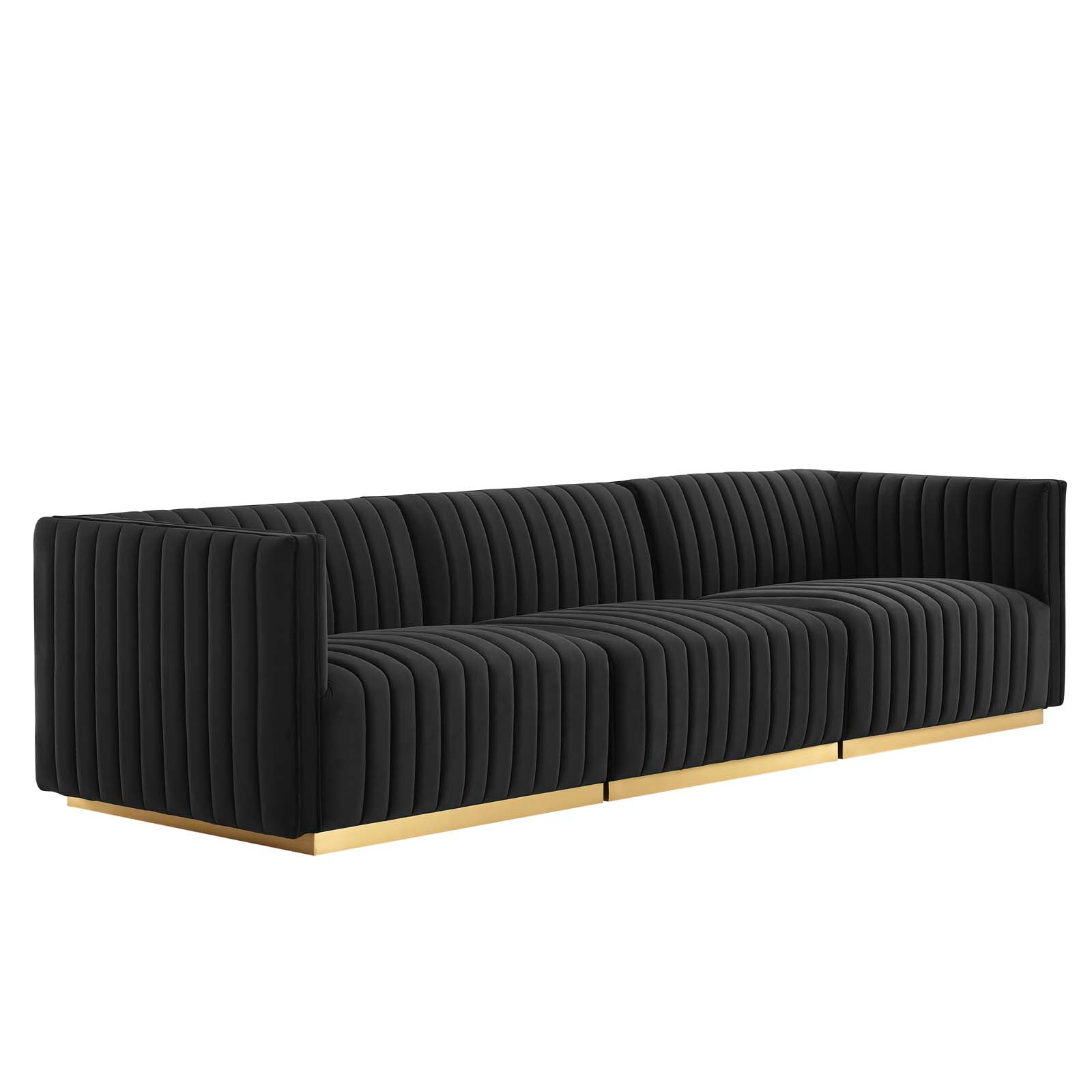 Gold Black Tufted Velvet Track Arm Sofa, 119"
