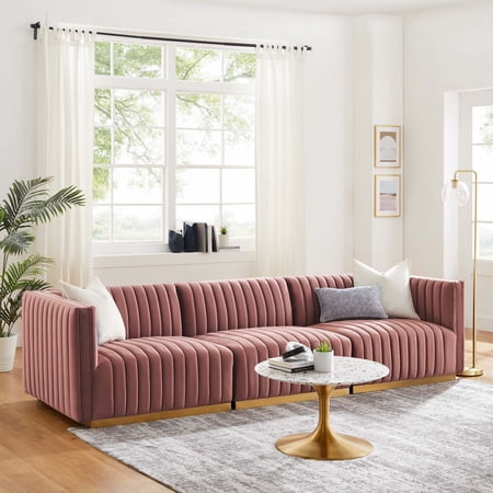 Modway Conjure Channel Tufted Performance Velvet Sofa in Gold Dusty Rose