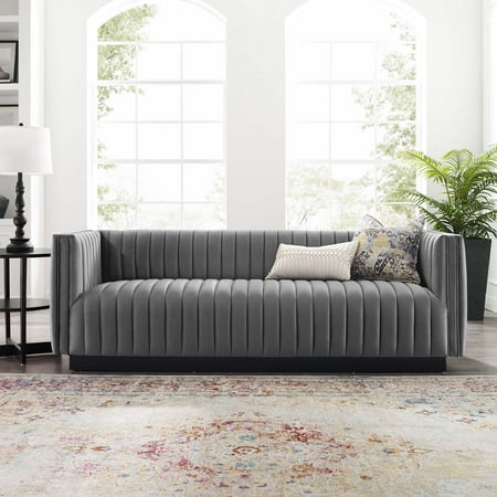 Modway Conjure Channel Tufted Velvet Sofa in Gray
