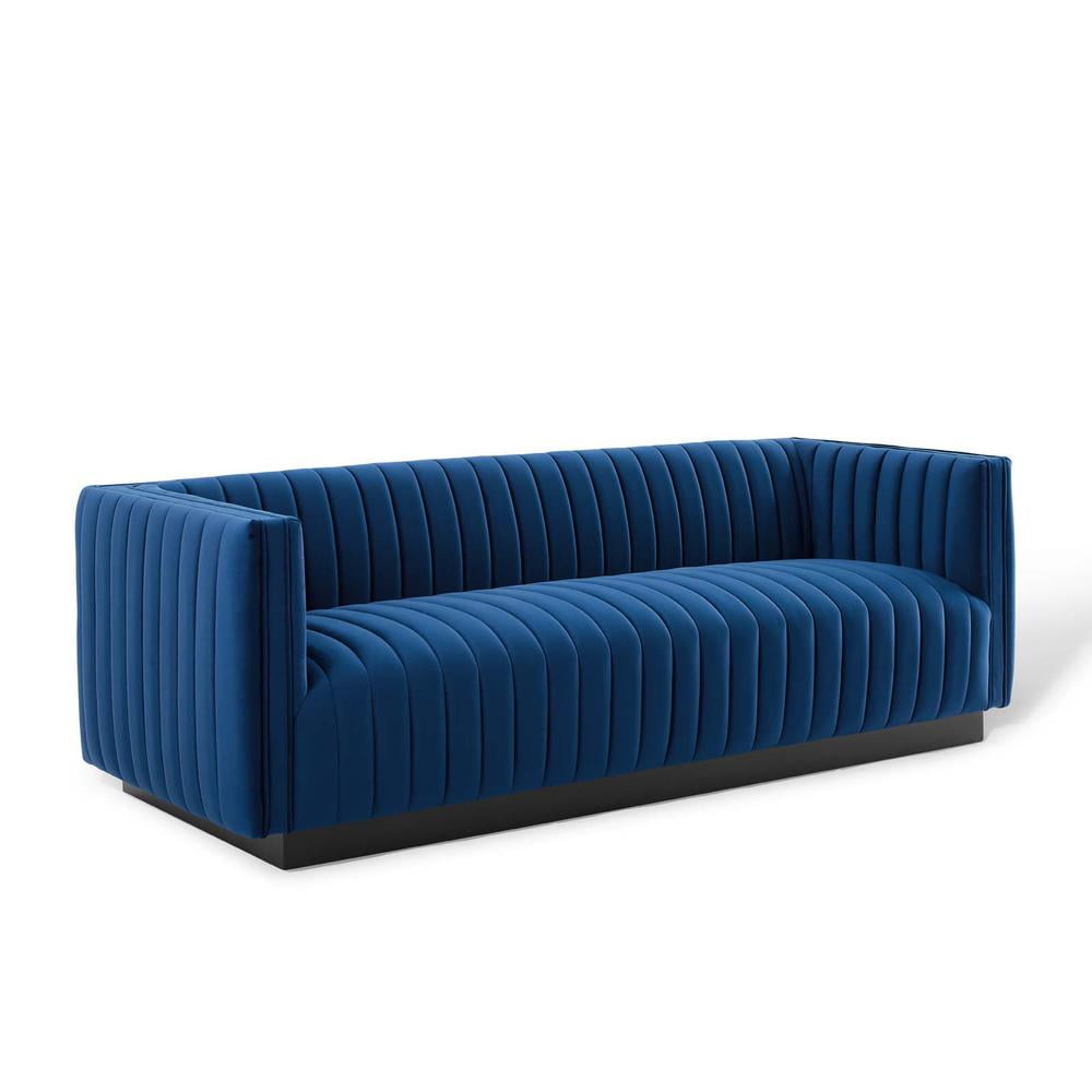 Elegant Navy Velvet Tufted Tuxedo Sofa with Solid Wood Base