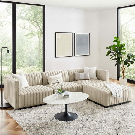 Modway Conjure Channel Tufted Upholstered Fabric 4-Piece Sectional Sofa in Black Beige