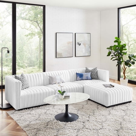 Modway Conjure Channel Tufted Upholstered Fabric 4-Piece Sectional Sofa in Black White