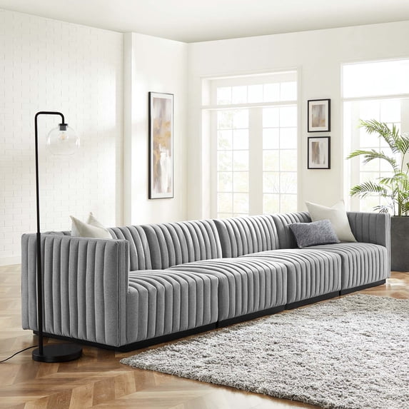 Modway Conjure Channel Tufted Upholstered Fabric 4-Piece Sofa in Black Light Gray