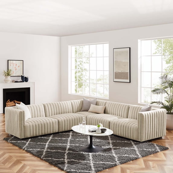Modway Conjure Channel Tufted Upholstered Fabric 5-Piece L-Shaped Sectional in Black Beige