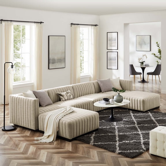 Modway Conjure Channel Tufted Upholstered Fabric 6-Piece Sectional Sofa in Black Beige
