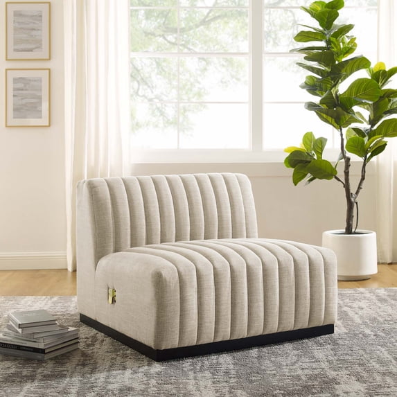 Modway Conjure Channel Tufted Upholstered Fabric Armless Chair in Black Beige