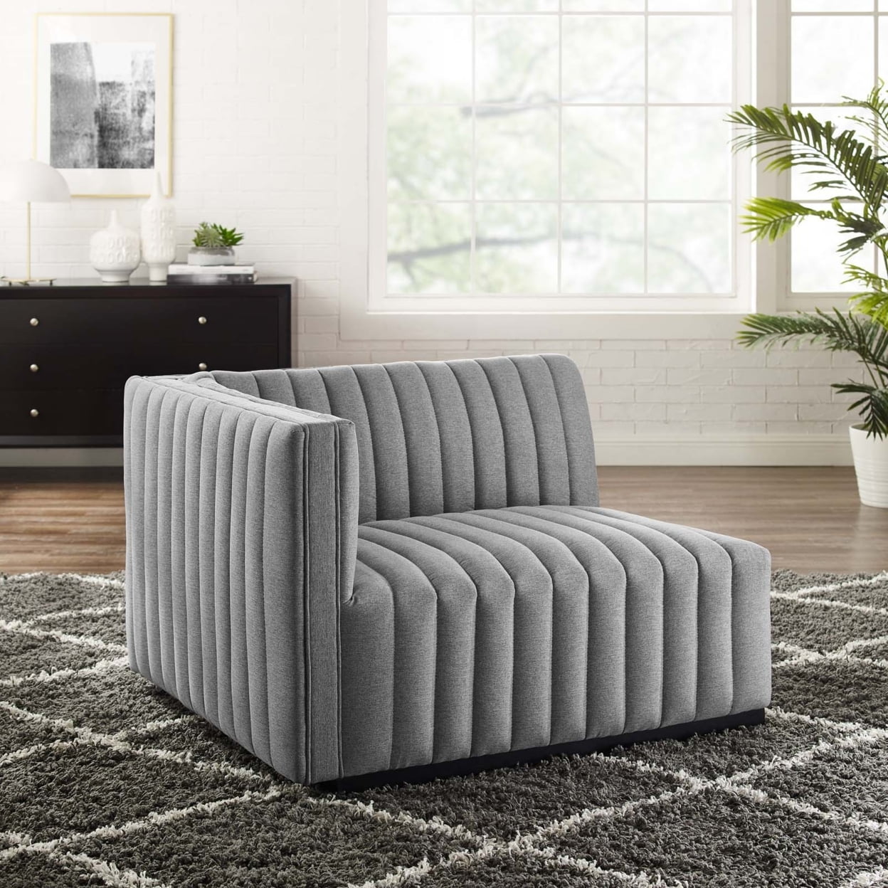 Vintage Inspired Channel Tufted Black Light Gray Fabric Armchair