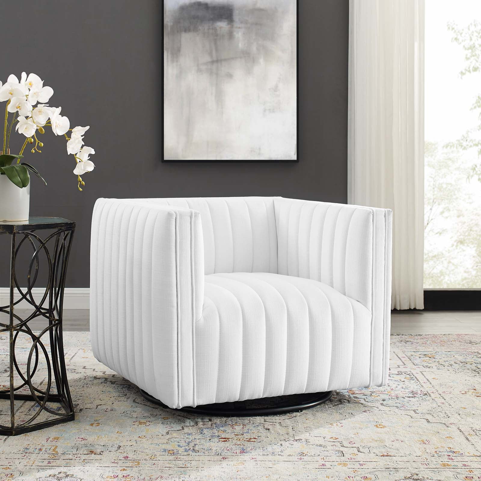 Elegant White Velvet Swivel Accent Chair with Wood Base